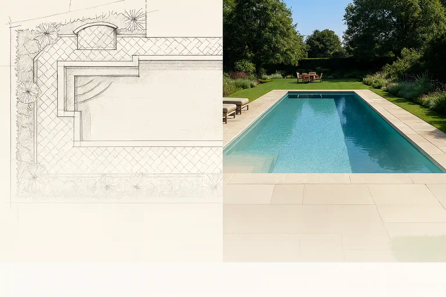 Luxury swimming pool design process showing architectural sketch alongside finished pool with crystal clear water, natural stone coping and professionally landscaped garden in Grantchester Cambridge