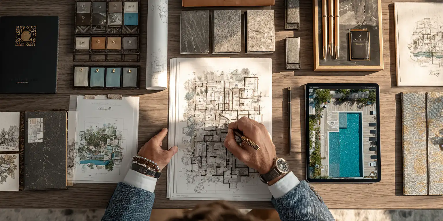Architect's hands working on detailed swimming pool plans with material samples and tablet showing pool designs on wooden desk