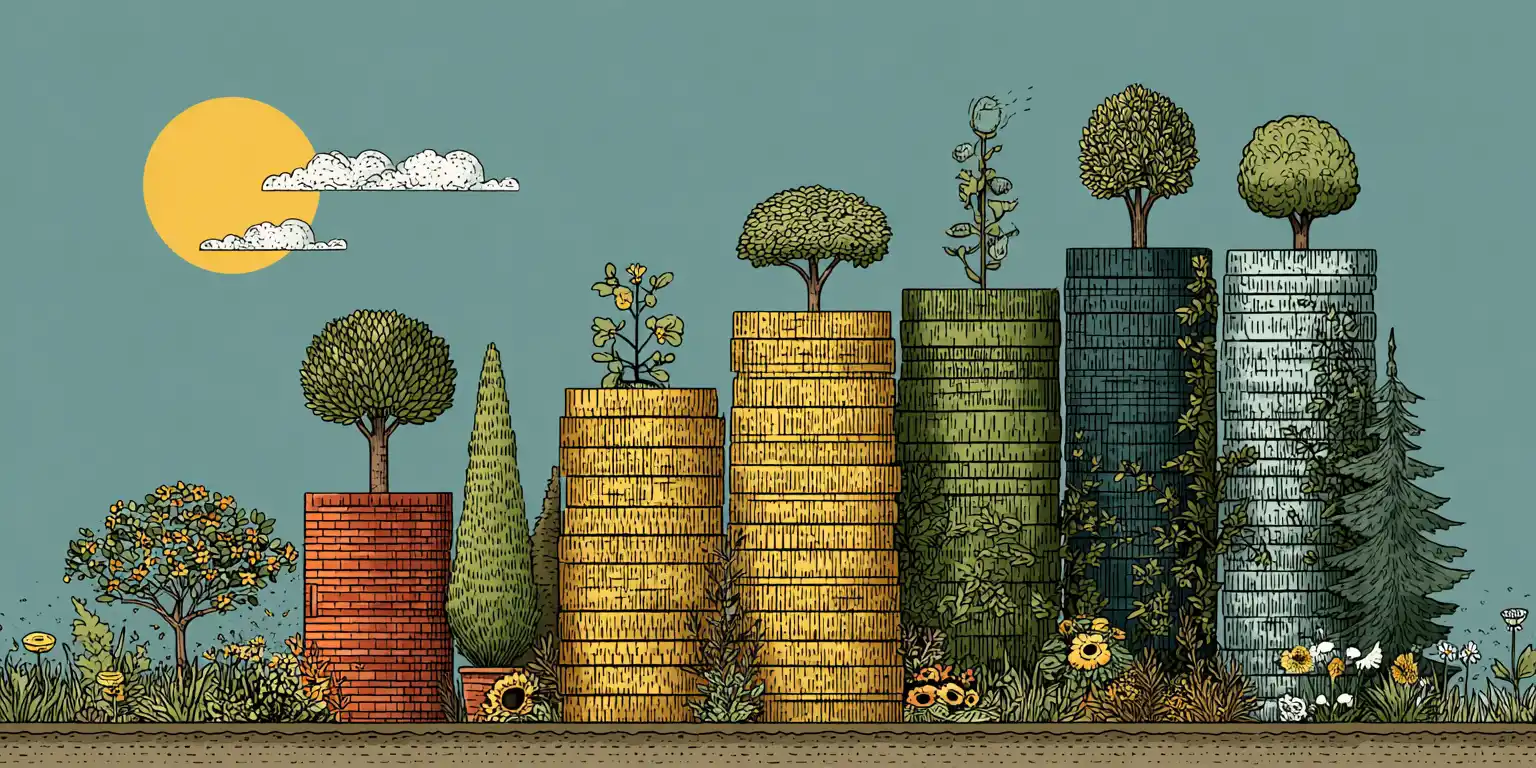 Swimming pool cost budgeting infographic showing investment growth with stacks of coins and trees representing luxury pool pricing in Cambridge