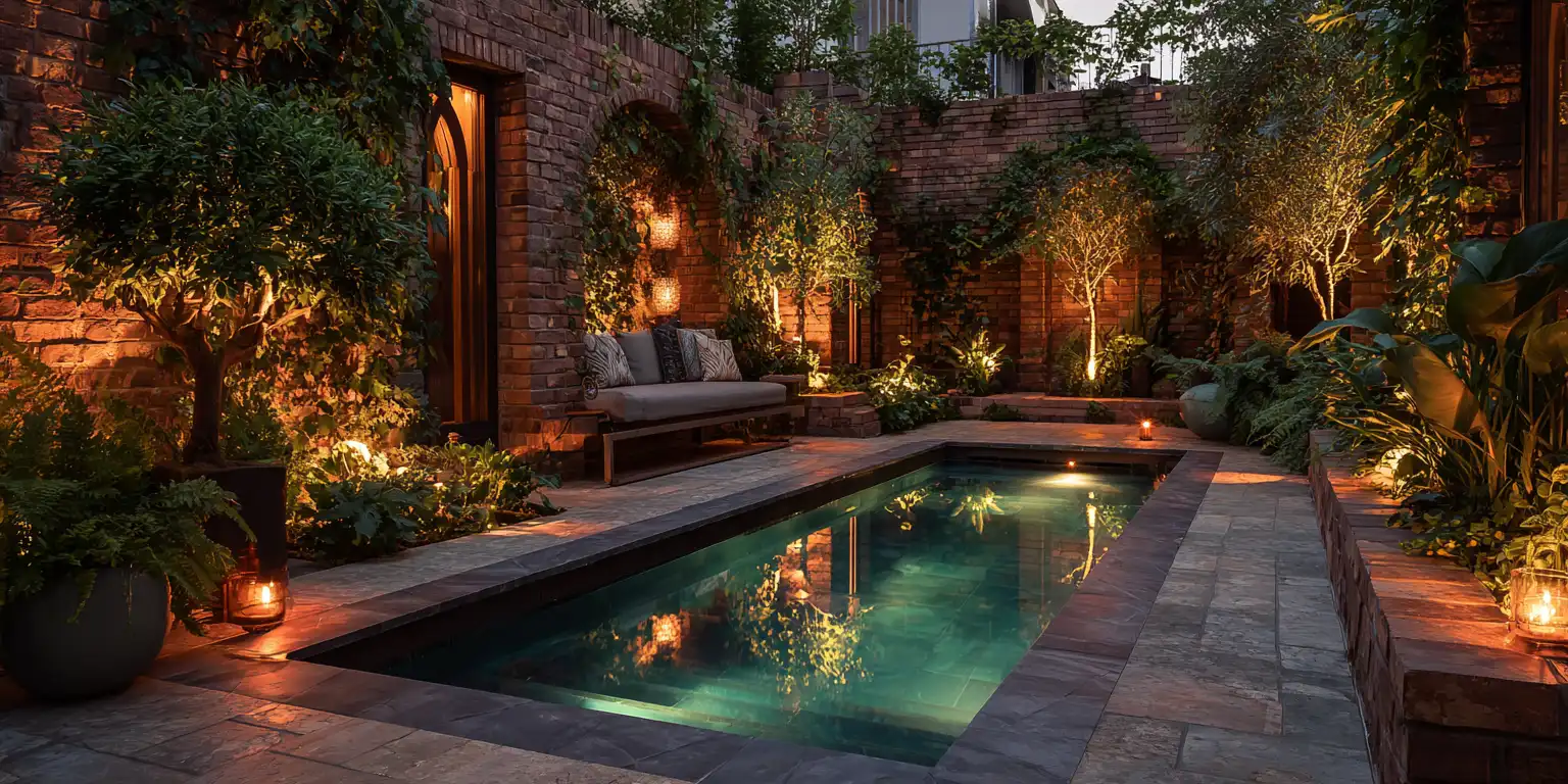 Intimate plunge pool Cambridge courtyard with evening lighting and brick walls