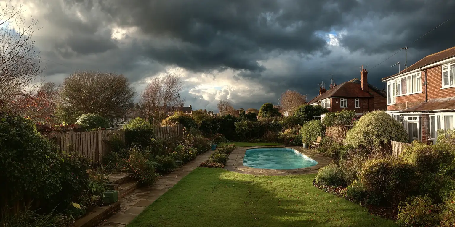 Dramatic photograph of outdoor swimming pool in Cambridge residential garden with traditional brick houses and moody storm clouds overhead