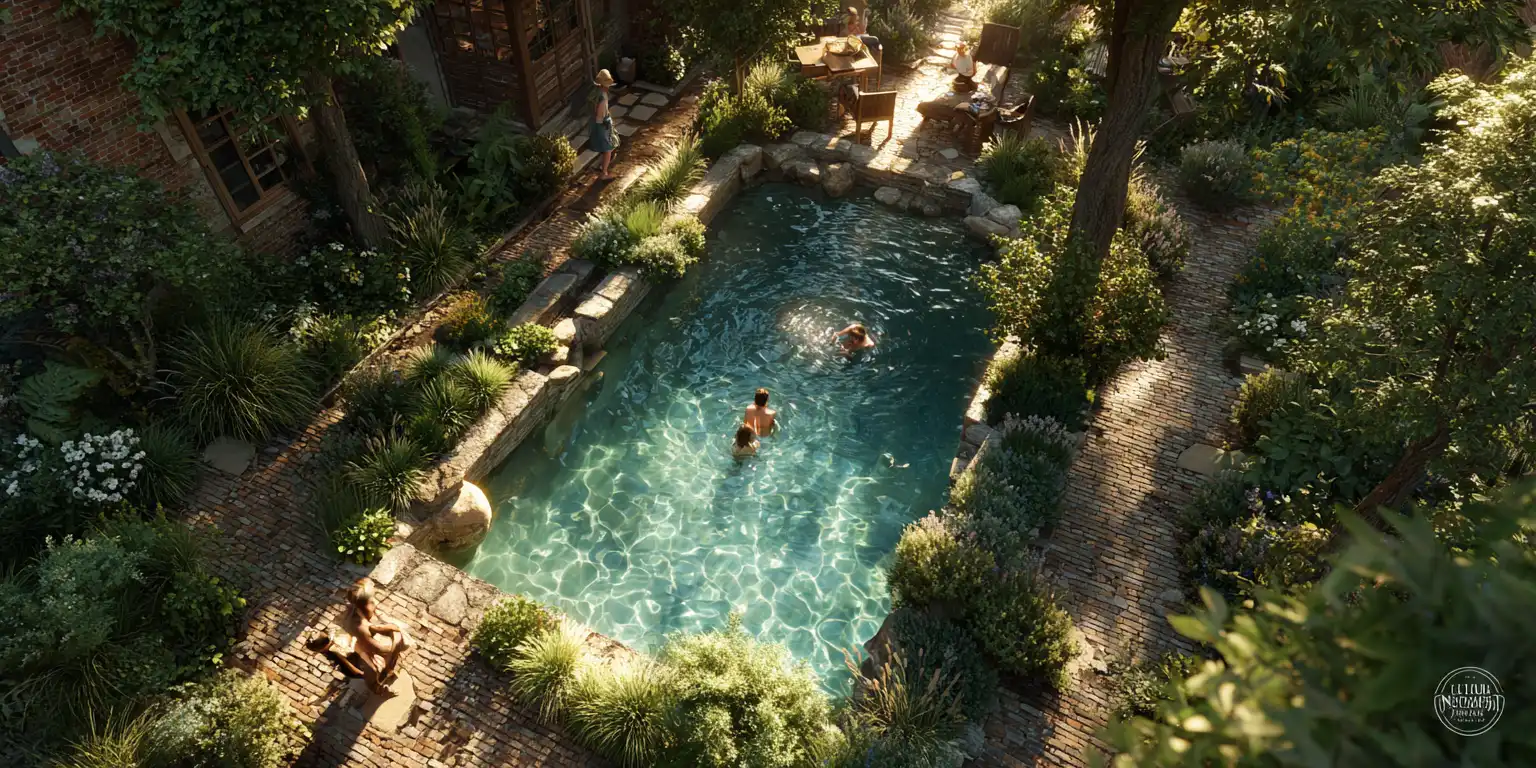 Luxury bespoke swimming pool design in small Cambridge garden with landscaping and people swimming