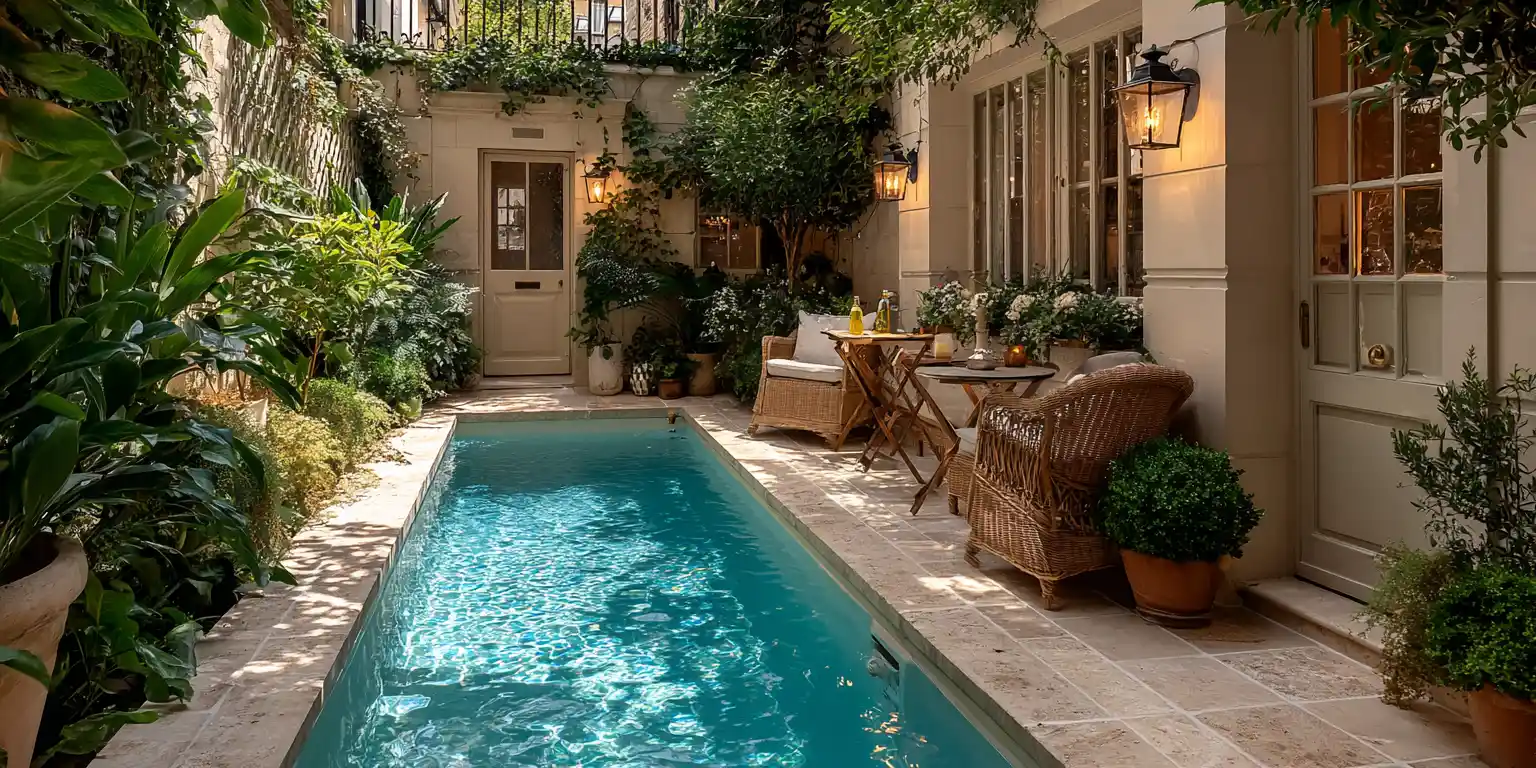 Elegant compact plunge pool in Cambridge townhouse courtyard with traditional lantern lighting and sophisticated landscaping