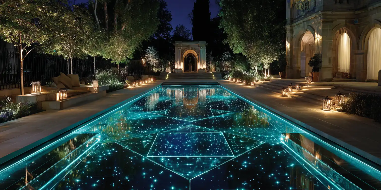 Stunning nighttime swimming pool with dramatic LED lighting creating starfield effect on pool floor, surrounded by elegant stone architecture and ambient lantern lighting