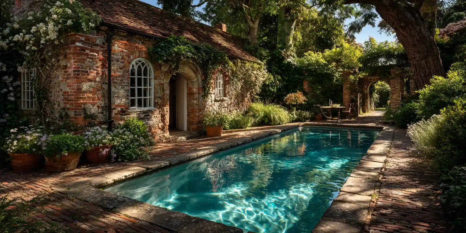 Heritage-style rectangular swimming pool next to traditional brick and flint cottage with ivy-covered walls in Cambridge countryside