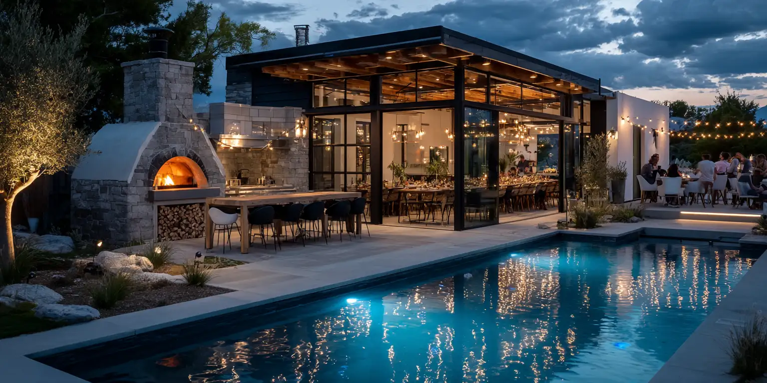 Modern outdoor entertainment area with sleek swimming pool, contemporary pavilion, outdoor kitchen with pizza oven and dining areas under string lights