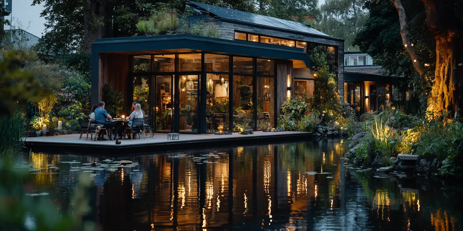 Beautiful evening scene of modern glass conservatory next to natural swimming pool with couple dining on terrace surrounded by lush landscaping
