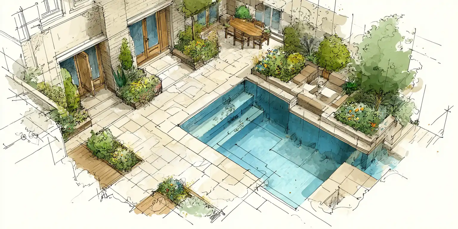 Architectural watercolor sketch of luxury swimming pool garden design Cambridge showing aerial view with landscaping and outdoor dining