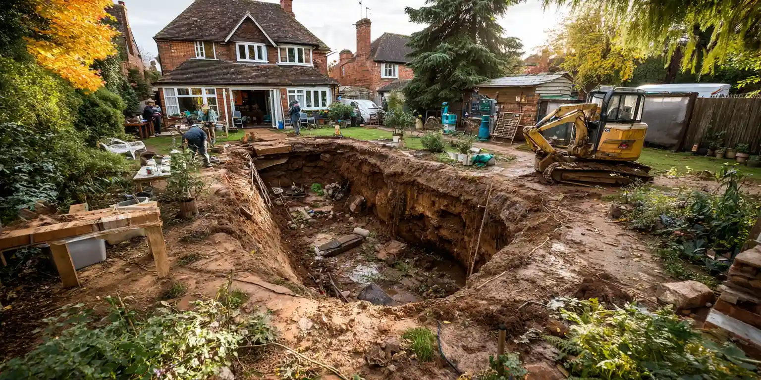 Swimming pool excavation in progress in Cambridge residential garden with yellow digger and traditional brick house in background