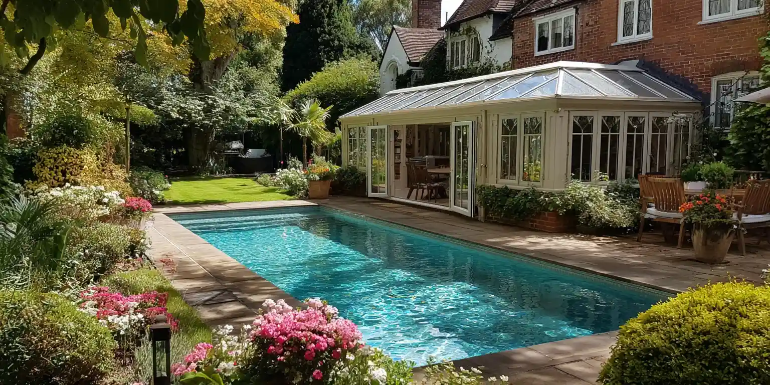 Luxury swimming pool in Cambridge garden with conservatory, professional landscaping and outdoor furniture