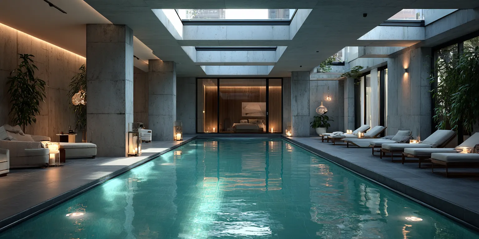Ultra-modern luxury indoor swimming pool with concrete walls, skylights, ambient lighting and designer loungers in Cambridge home