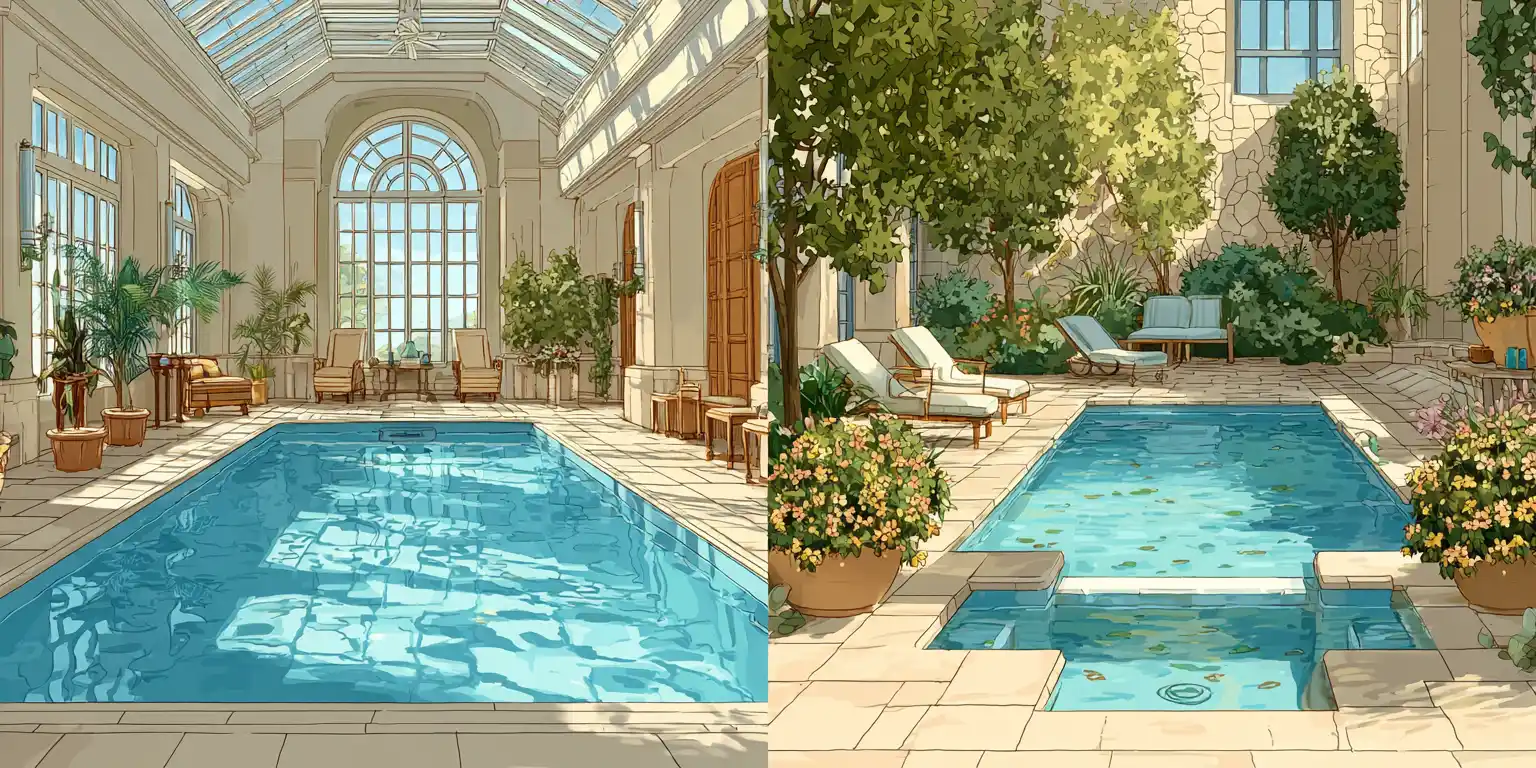 Artistic watercolor illustration comparing indoor and outdoor pool settings side by side showing contrast between enclosed luxury and open-air swimming