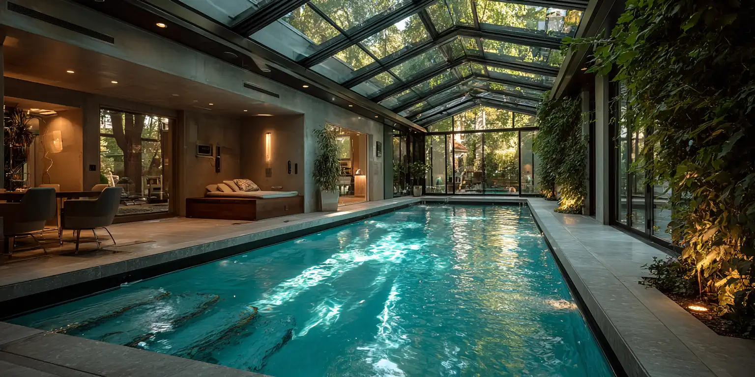 Luxurious indoor swimming pool in glass conservatory with skylights, modern furnishings and lush plants for year-round swimming