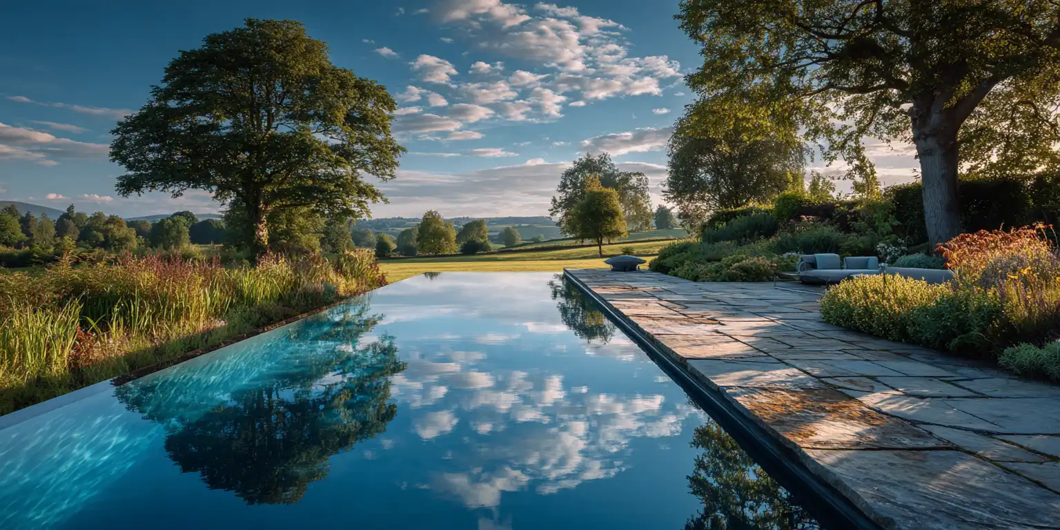 Stunning infinity edge swimming pool overlooking rolling Cambridgeshire countryside with natural stone paving and landscaped gardens
