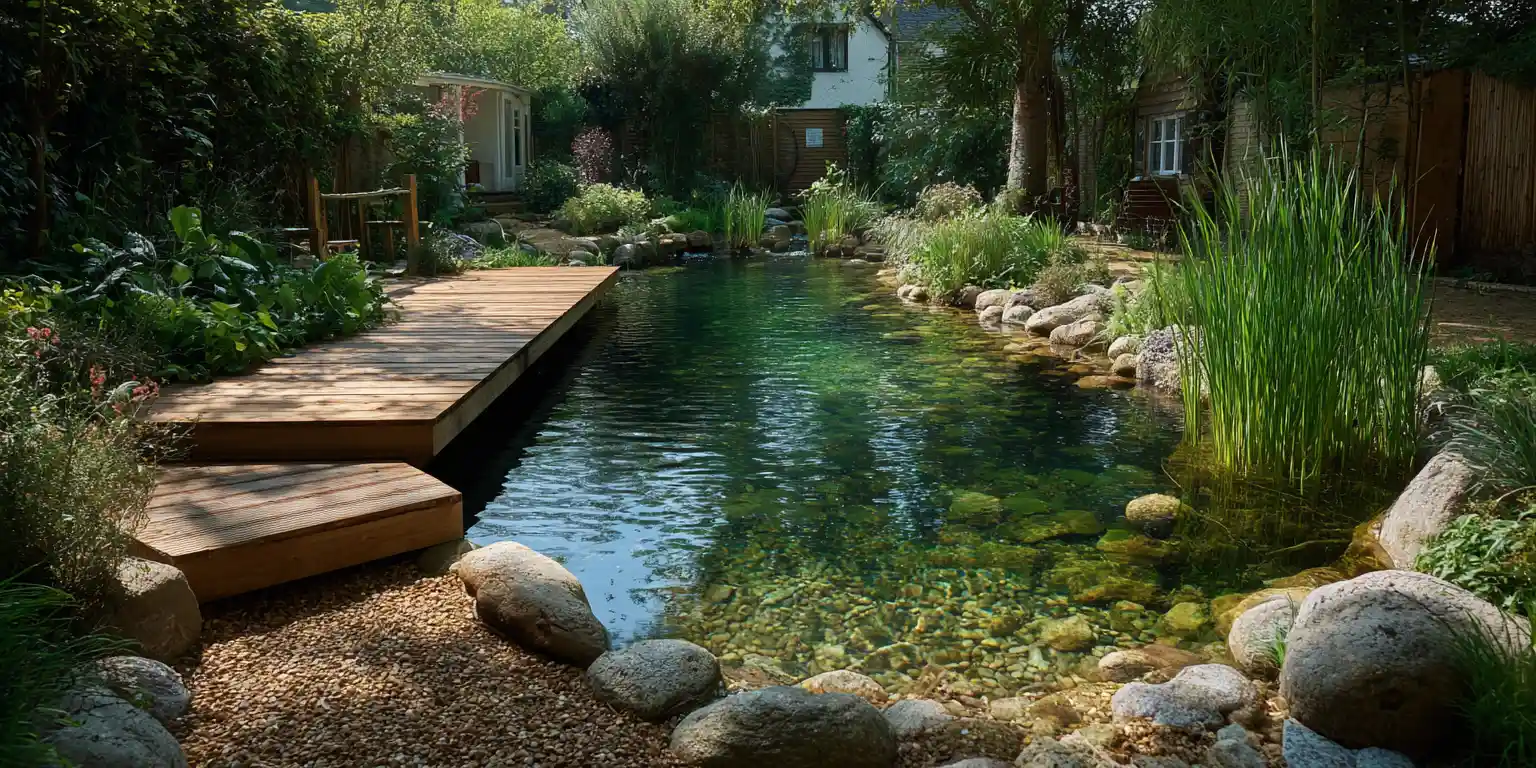Beautiful natural swimming pond with wooden decking, surrounded by lush aquatic plants, reeds and natural stone borders in residential garden