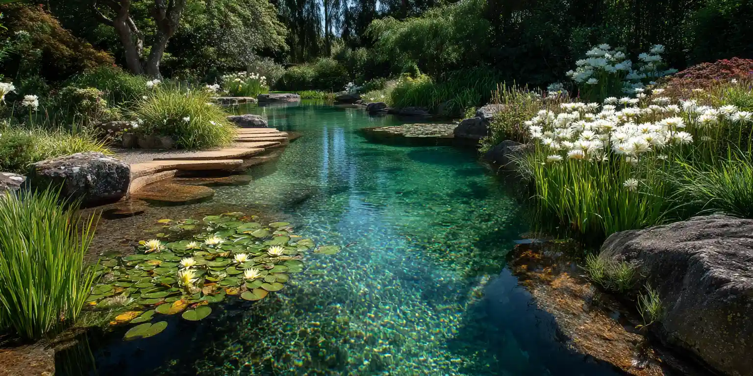 Natural eco-friendly swimming pool with crystal clear water, aquatic plants, water lilies and natural stone landscaping in Cambridgeshire garden