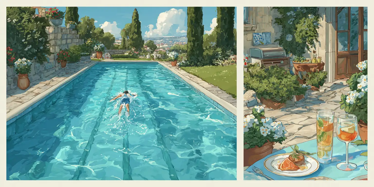 Beautiful artistic illustration of outdoor pool with swimmer and elegant garden party dining setup in Cambridge countryside setting