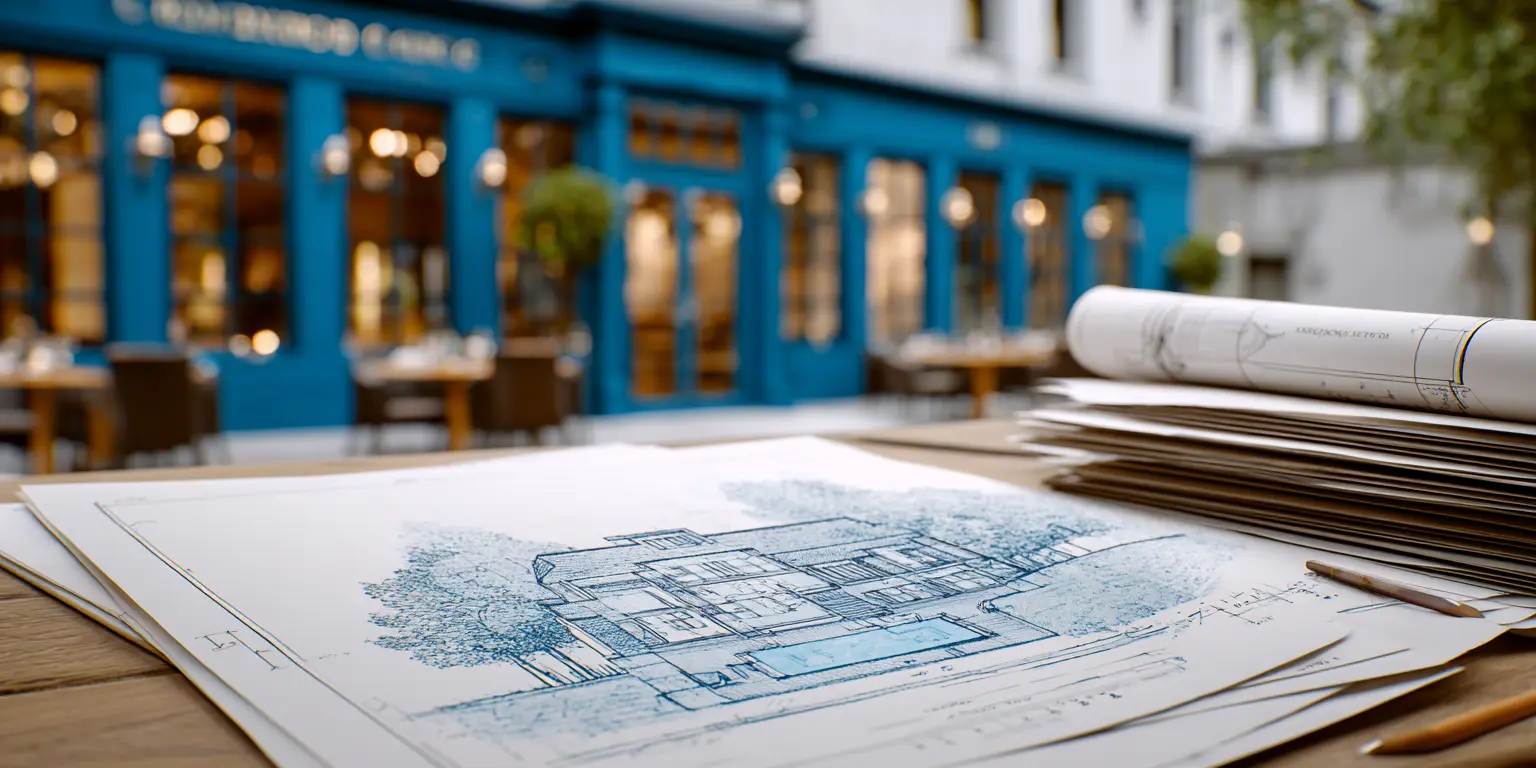 Professional photo of architectural blueprints and planning documents on wooden table with Cambridge street scene in background