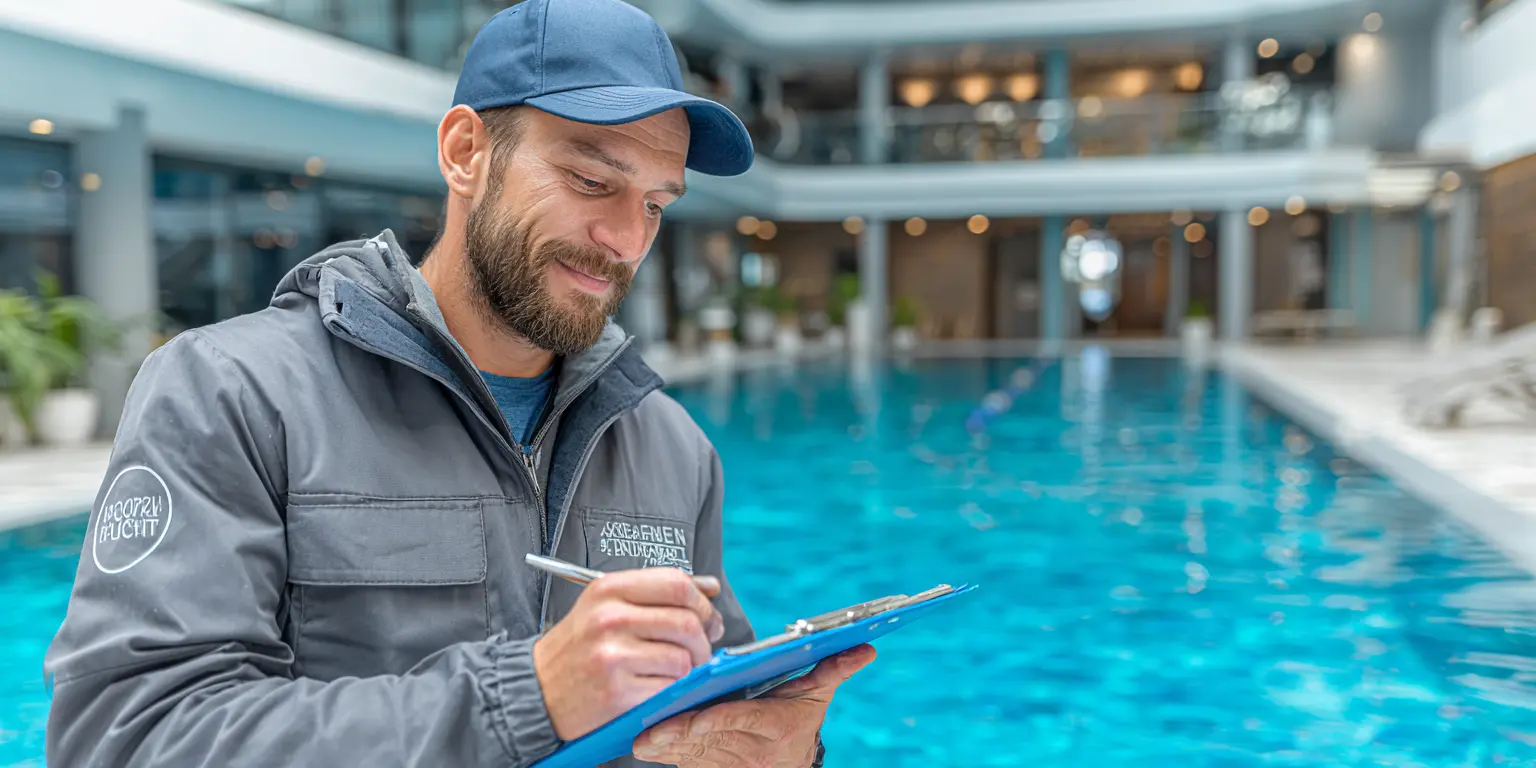 Professional pool technician in Cambridge testing luxury swimming pool water quality with clipboard and testing equipment
