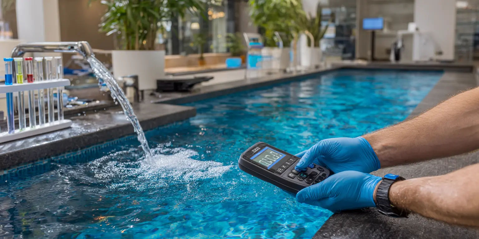 Professional pool technician testing water chemistry with digital equipment and test tubes for luxury swimming pool in Cambridge