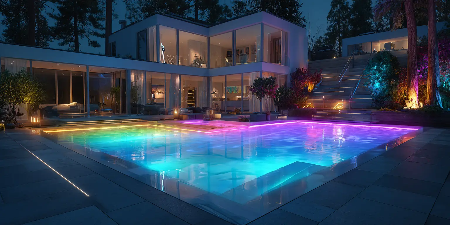 Modern smart swimming pool with color-changing LED lighting in vibrant blues and purples, set against contemporary glass house at night
