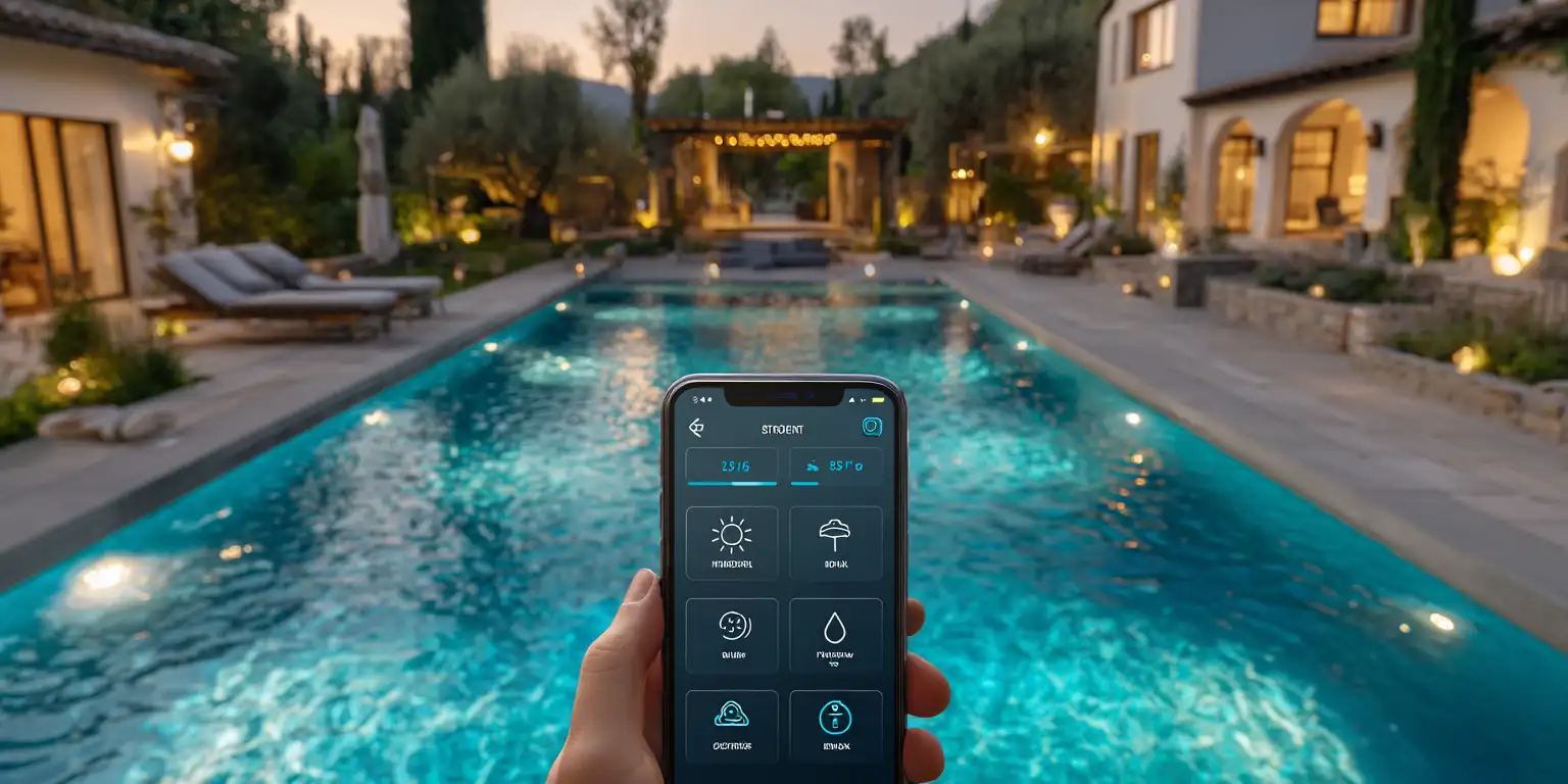 Hand holding smartphone with pool control app interface showing temperature and lighting controls with luxury swimming pool in background