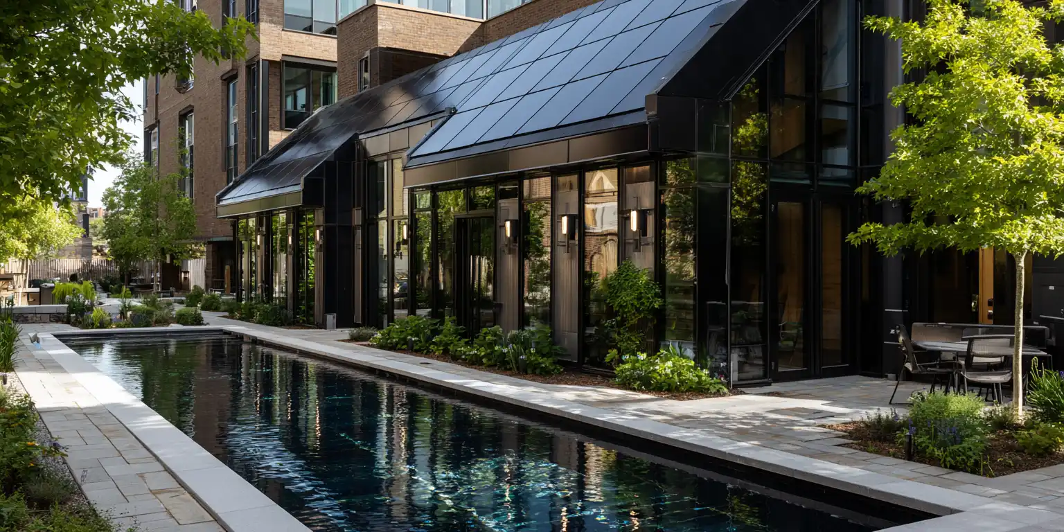 Modern Cambridge home with solar panels on roof and luxury swimming pool showcasing sustainable energy integration