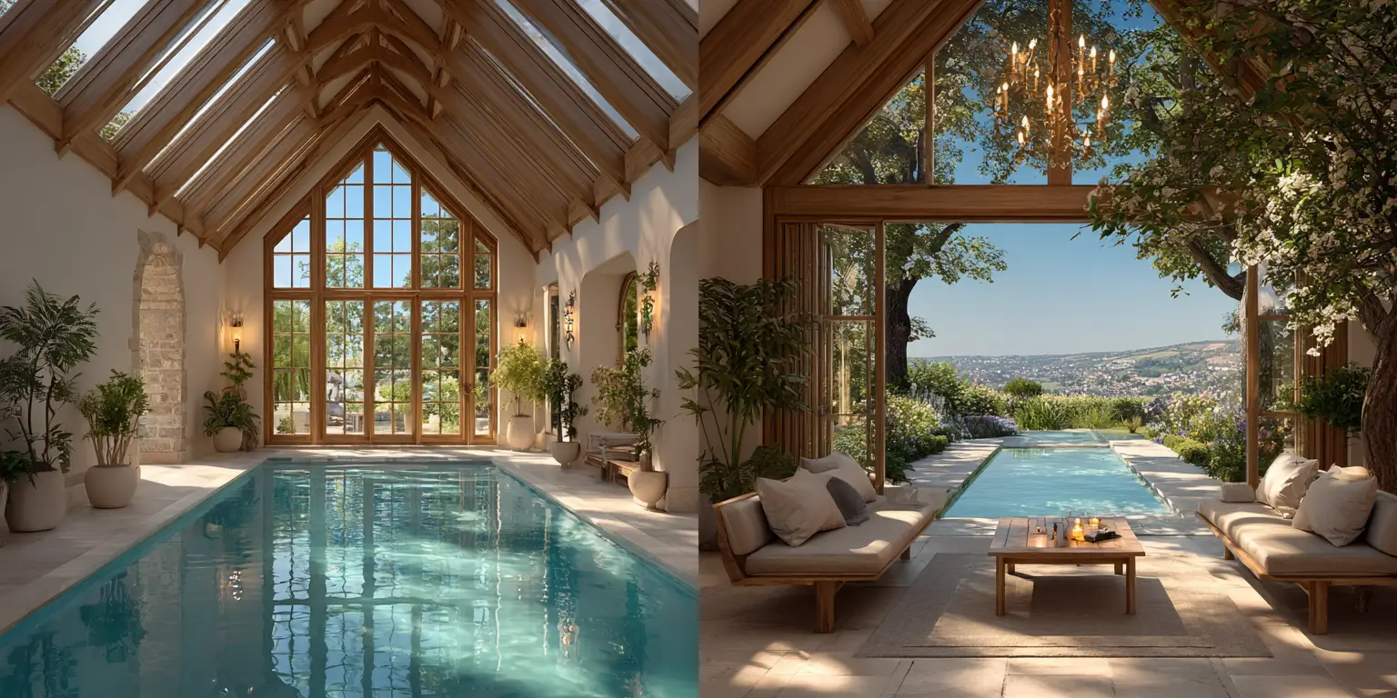 Split comparison image showing elegant indoor pool in conservatory setting and luxurious outdoor pool with countryside views in Cambridge