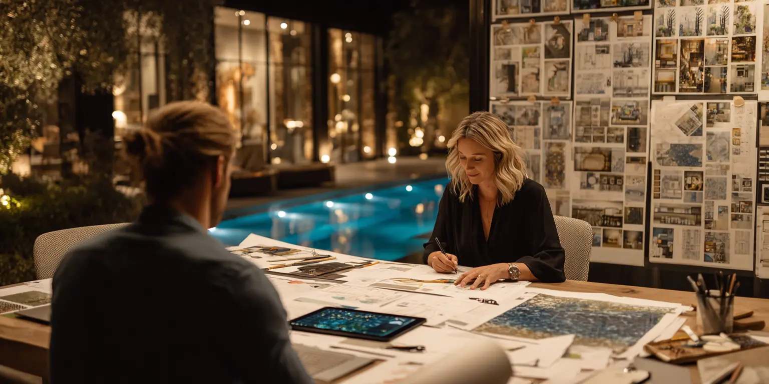 Female architect working on luxury swimming pool design plans at night with inspiration boards and pool visible in background