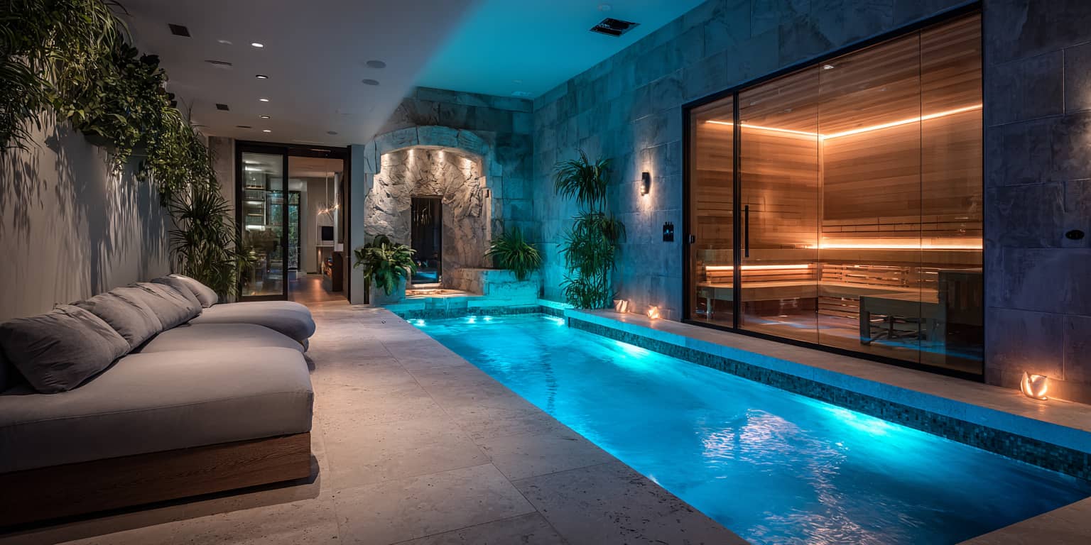 Indoor wellness suite featuring luxury lap pool with adjacent sauna, comfortable seating and spa-like ambiance with blue accent lighting