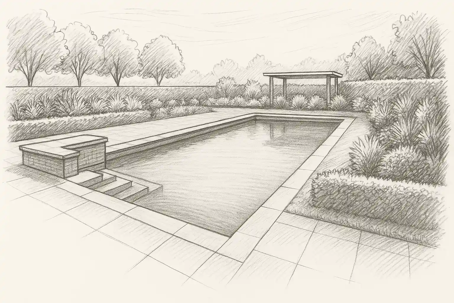 Architectural sketch of luxury swimming pool design with landscaping and pergola in Grantchester Cambridge