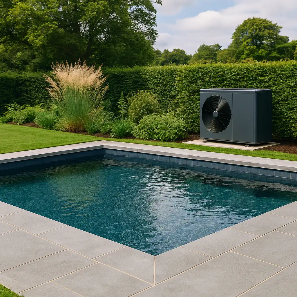 Modern eco-friendly swimming pool with heat pump system and contemporary styling in Grantchester