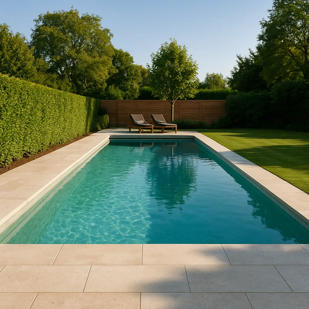 Luxury rectangular swimming pool with crystal clear turquoise water, stone coping, and professional landscaping in Grantchester Cambridge