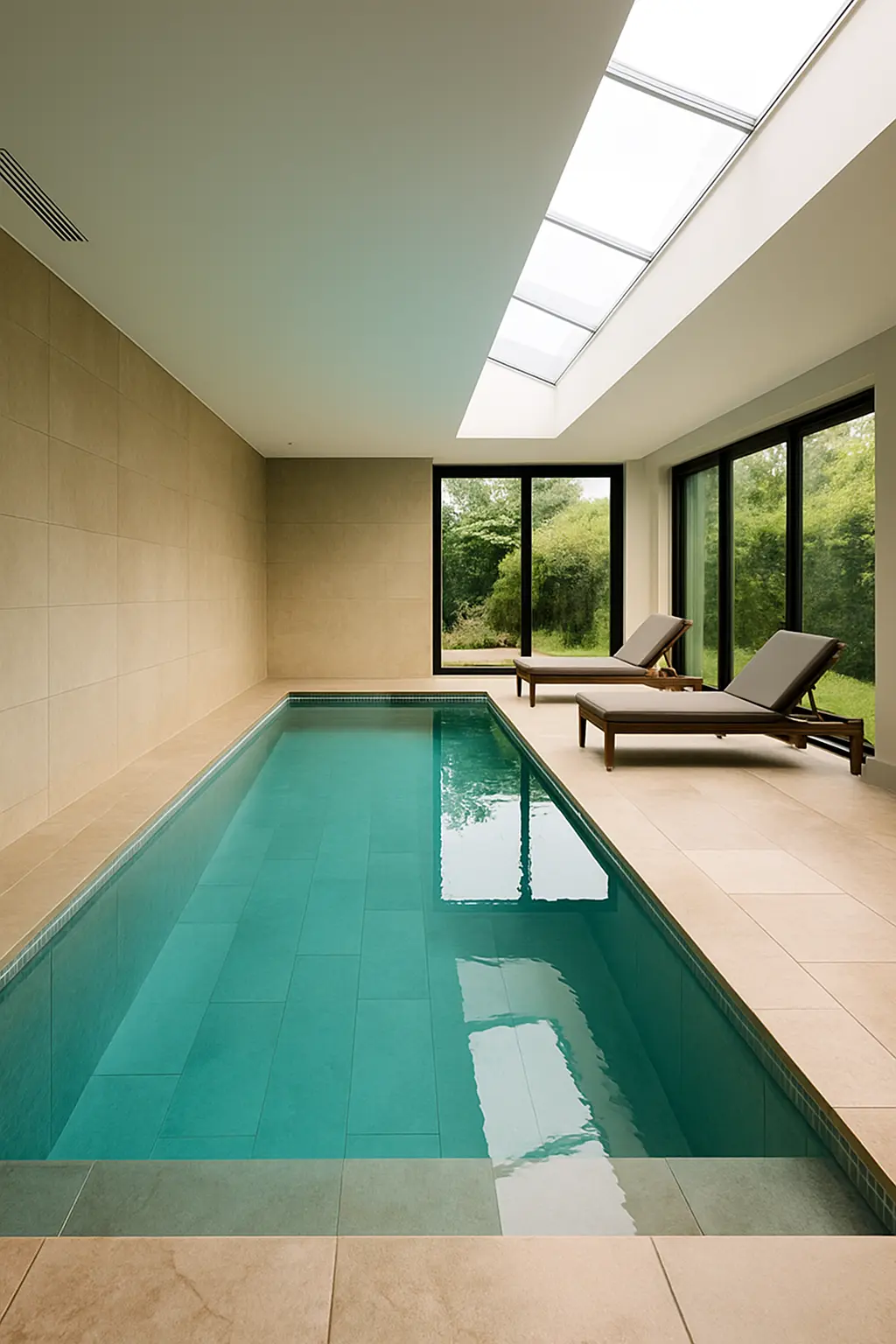 Luxury indoor swimming pool with natural stone walls, large windows, skylights and contemporary lounge chairs in Cambridge
