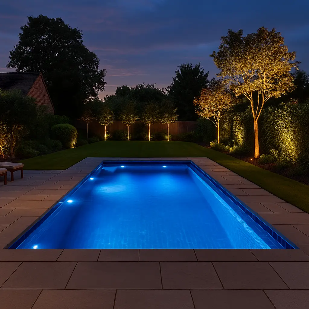 Stunning outdoor swimming pool with dramatic night lighting and landscape illumination in Cambridge