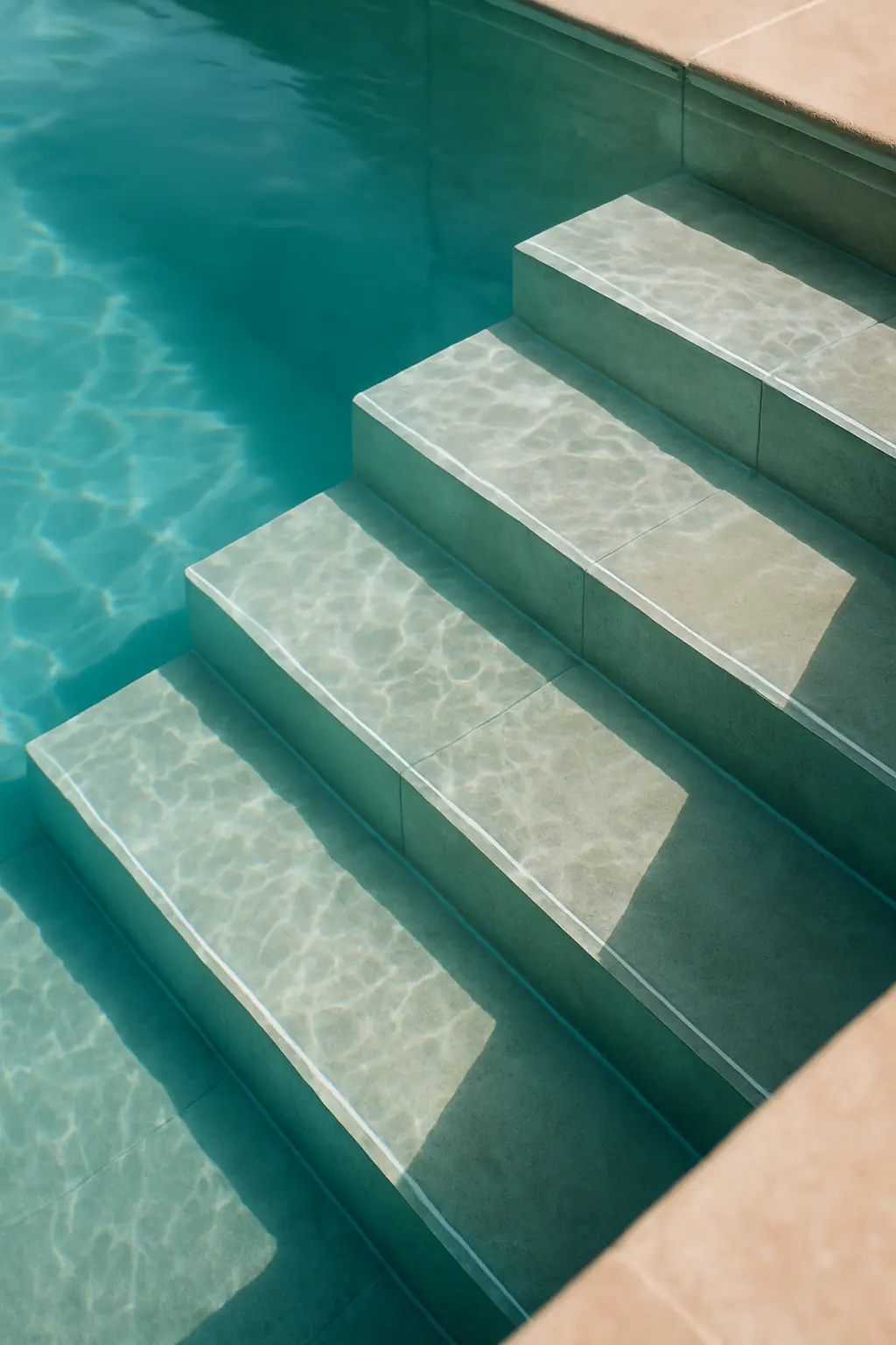 Detailed close-up of elegant pool steps with premium tiling and crystal clear water reflection