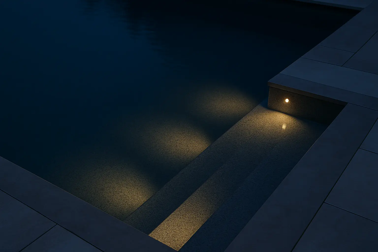 Dramatic nighttime view of illuminated pool steps with underwater lighting from above