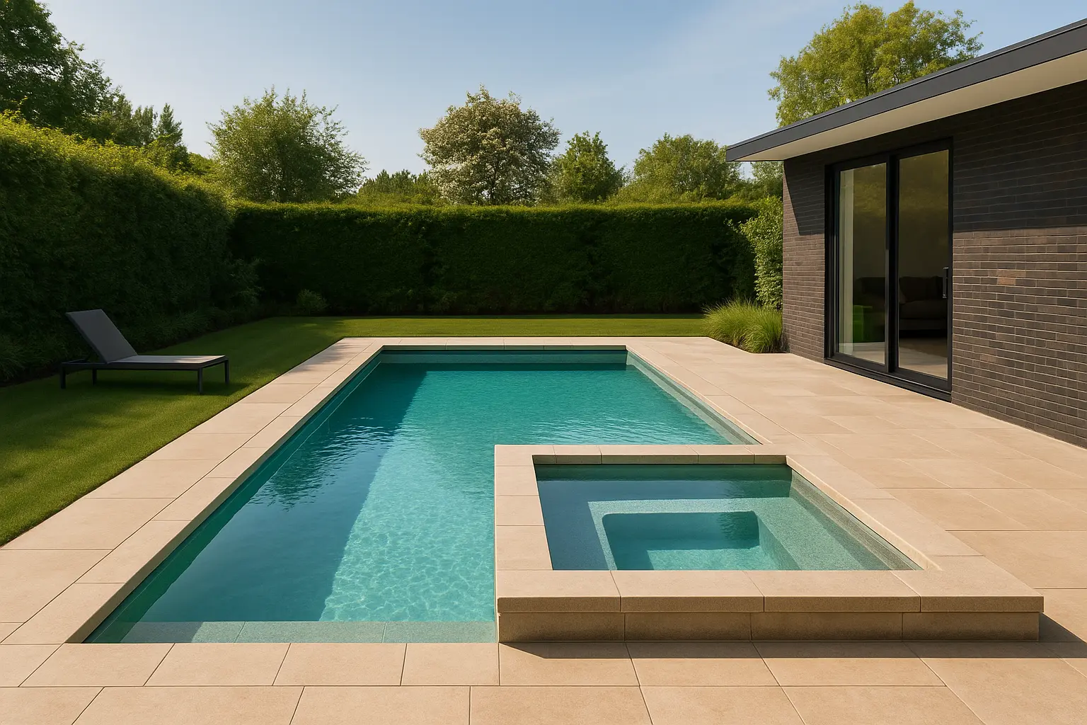 Modern luxury swimming pool with integrated spa and hot tub feature, contemporary architecture with brick building in Trumpington