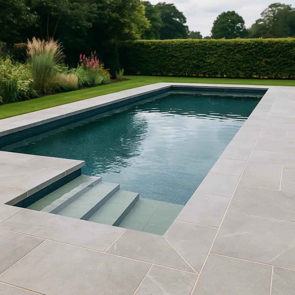 Swimming pool renovation with integrated steps and beautiful landscaping in Comberton showing premium tiling work