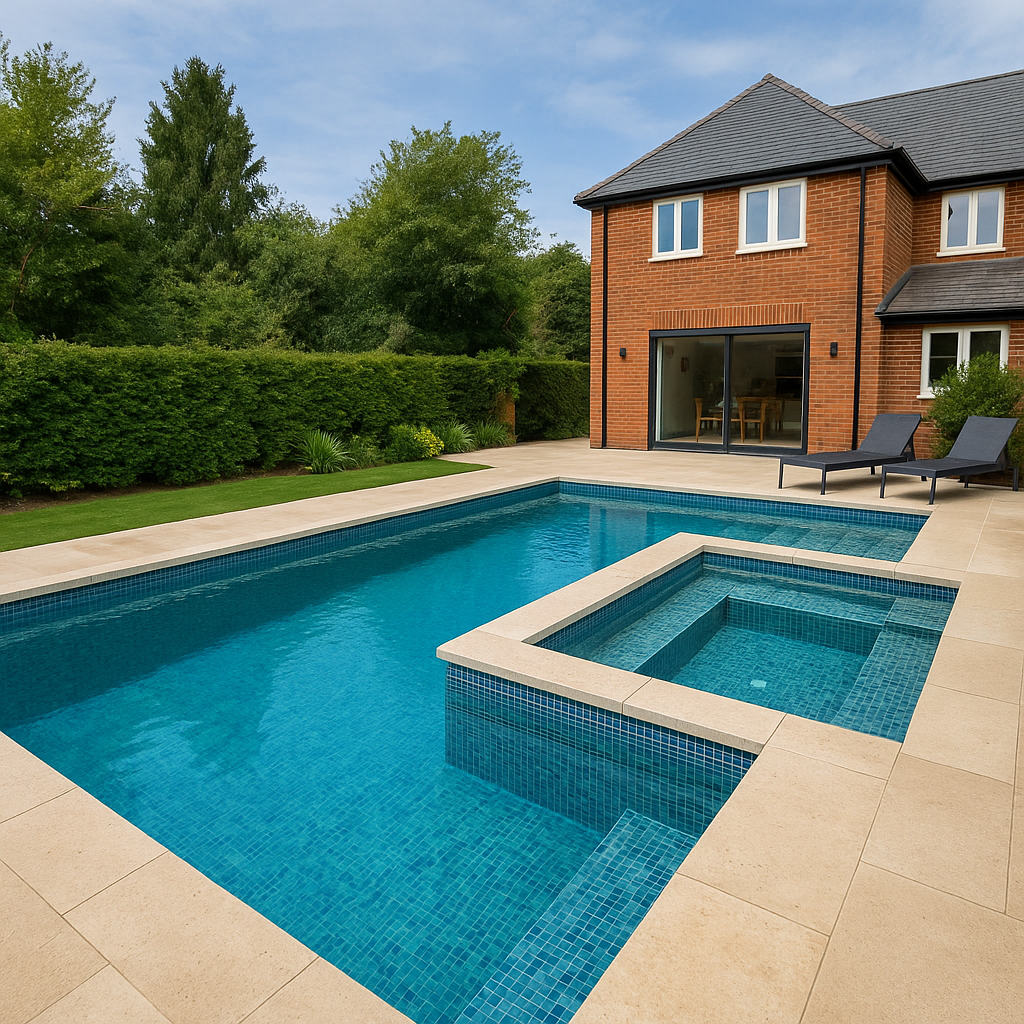 Contemporary family swimming pool with integrated spa in Trumpington