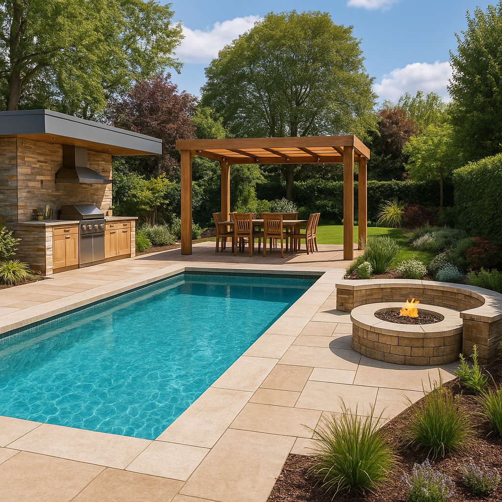 Complete outdoor entertainment space with kitchen, pergola, and fire pit in Grantchester