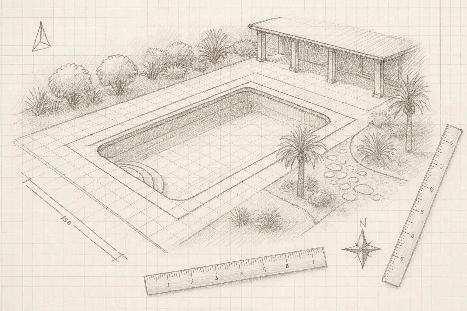 Architectural swimming pool design plan showing technical drawings with measurements, compass directions, landscaping elements, pergola structure and professional design tools for luxury pools in Cambridge Grantchester