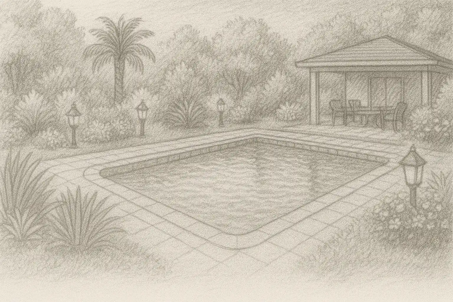 Hand-drawn pencil sketch of luxury outdoor living space featuring swimming pool with pergola pavilion structure, stone terrace, palm trees and landscaped gardens in Cambridge
