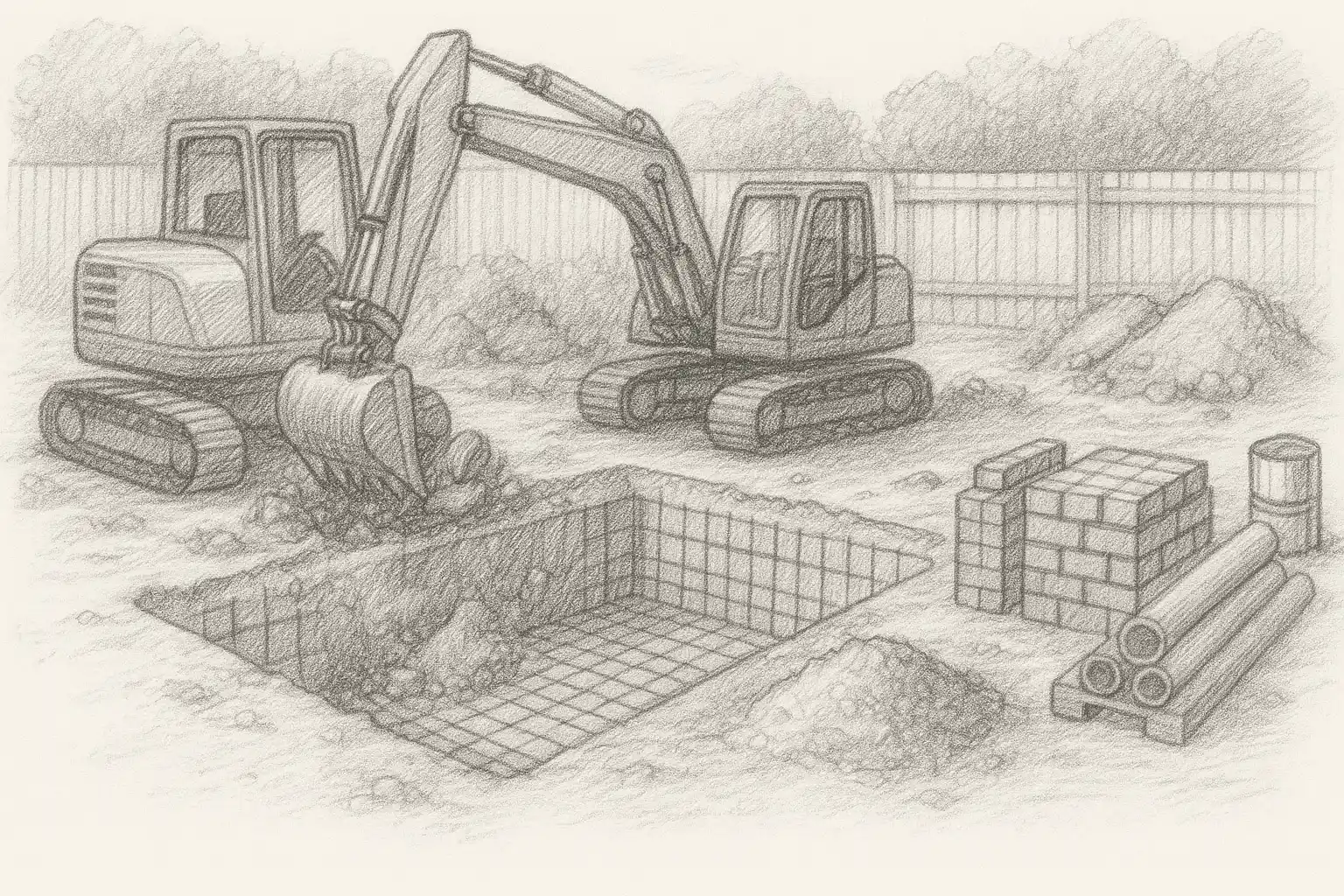 Hand-drawn construction site sketch showing excavators, building materials, concrete blocks and construction equipment during luxury swimming pool building phase in Cambridge