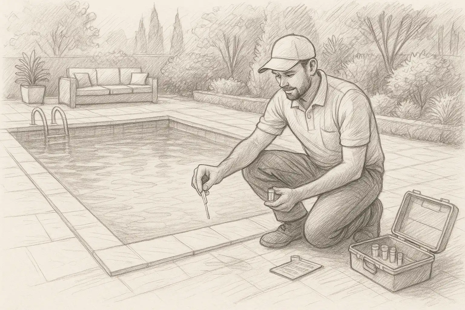 Hand-drawn sketch of professional pool maintenance technician kneeling beside swimming pool testing water quality with equipment kit and outdoor seating area in Cambridge