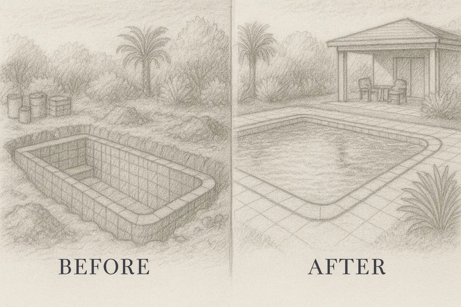 Hand-drawn before and after comparison sketch showing swimming pool renovation transformation from dated tiling to modern luxury finish with updated landscaping in Cambridge