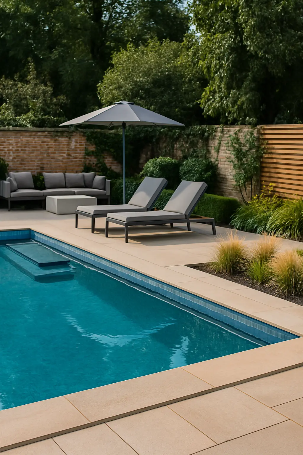 Luxury outdoor living space featuring modern swimming pool with elegant lounge chairs, umbrella, contemporary furniture and professional landscaping in Cambridge garden