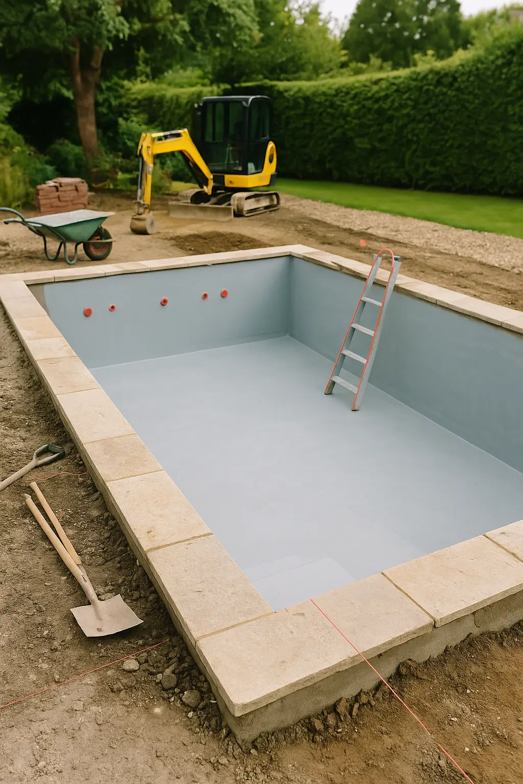 Swimming pool construction site showing excavated pool shell with yellow digger, wheelbarrow and construction materials during luxury pool building in Cambridge