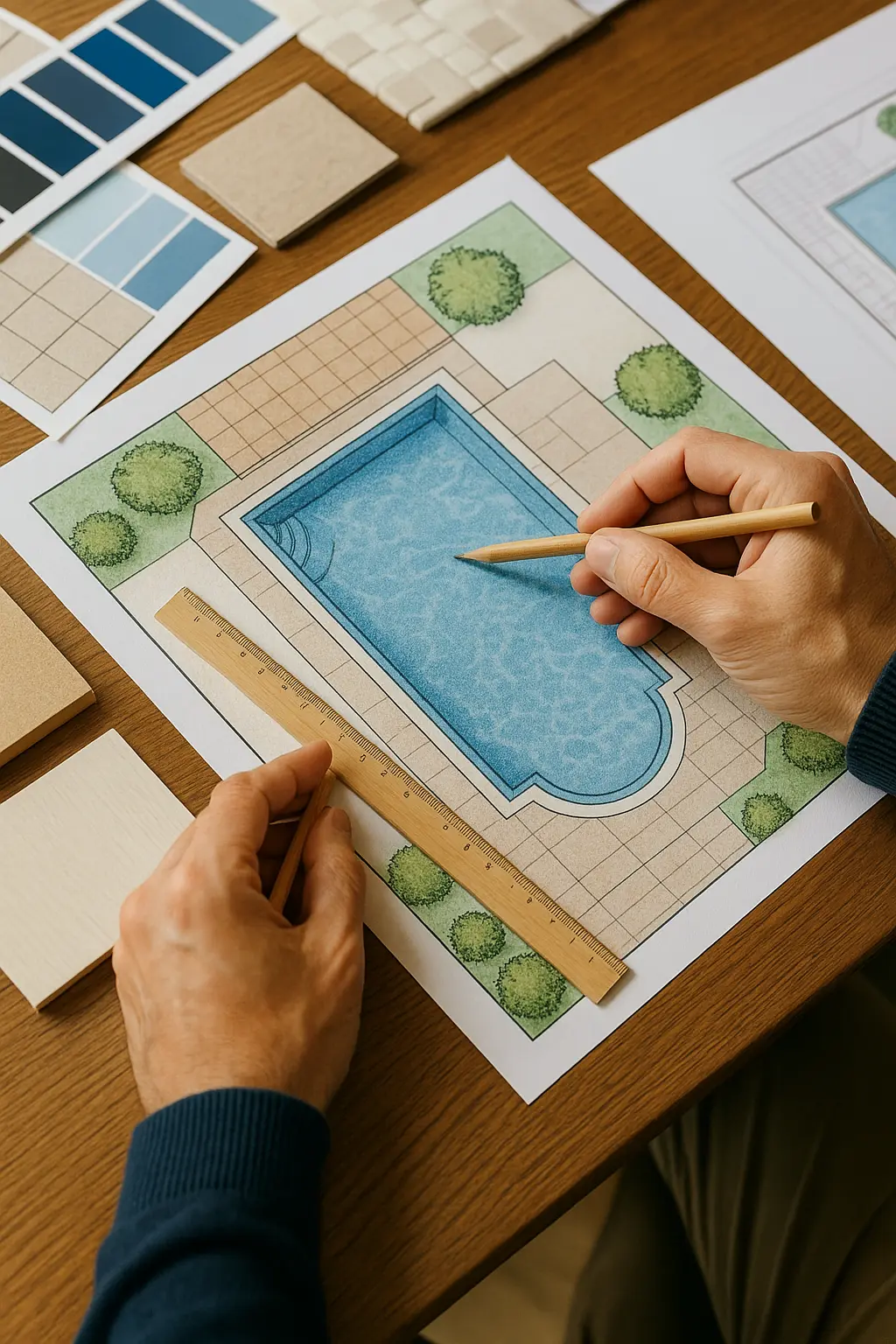 Professional pool designer creating detailed architectural plans with colored pencils, ruler and material samples on wooden desk for luxury swimming pool design in Cambridge Grantchester