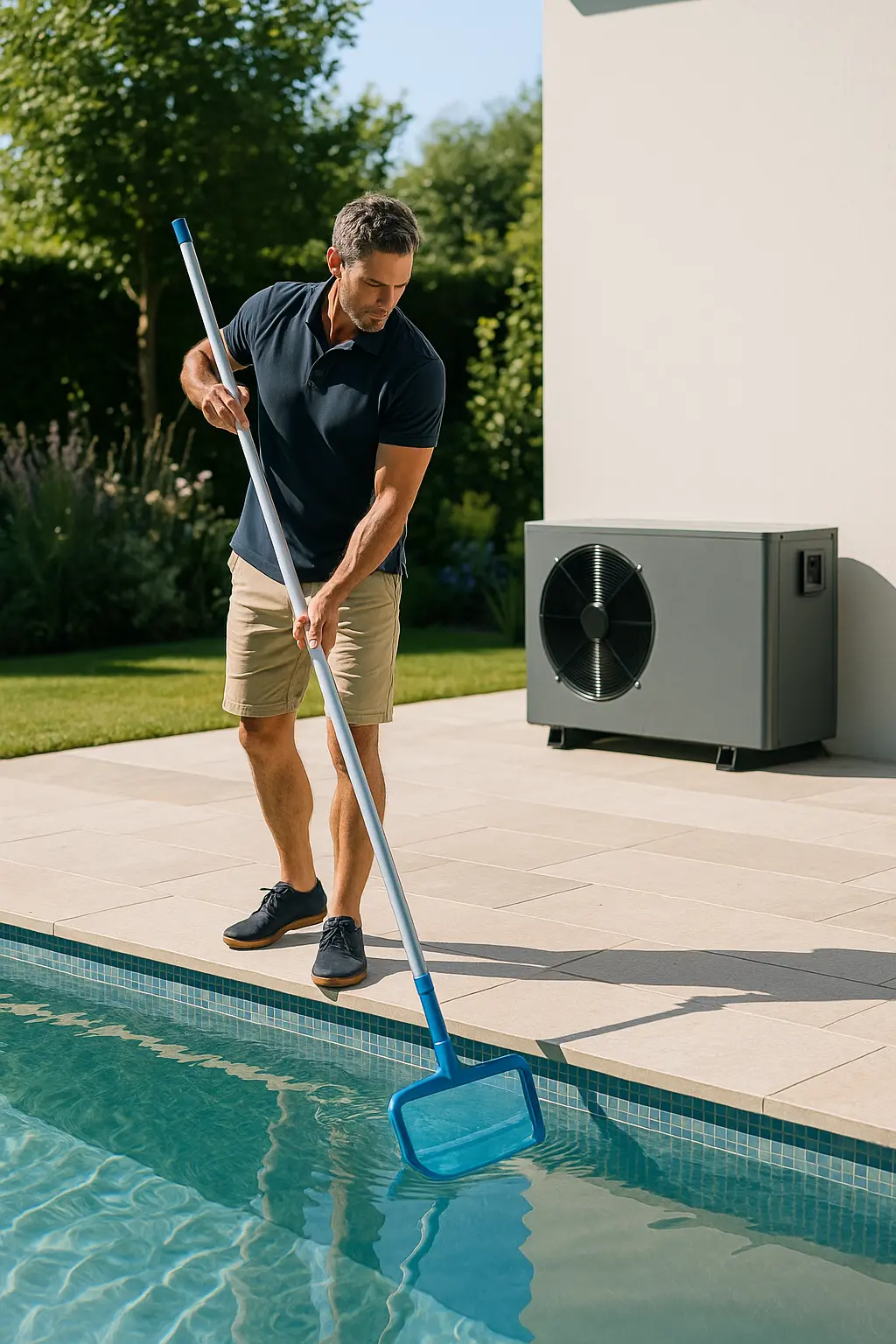 Professional pool maintenance technician in smart casual attire cleaning swimming pool with long-handled net beside modern heat pump equipment in Cambridge